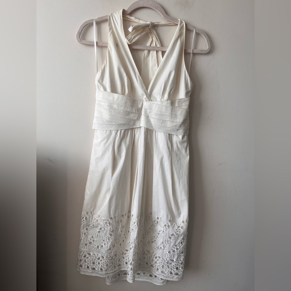 BCBGMaxazria White Halter Poplin Eyelet Trim Dress - Size 4